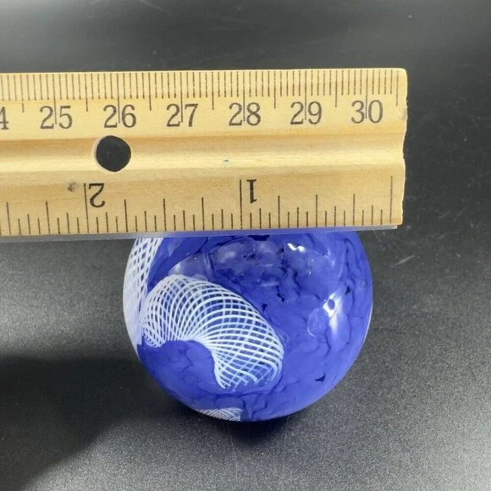 Murano Art Glass Paperweight Orb Cobalt Blue White Cane Venetian Italy Glass VTG